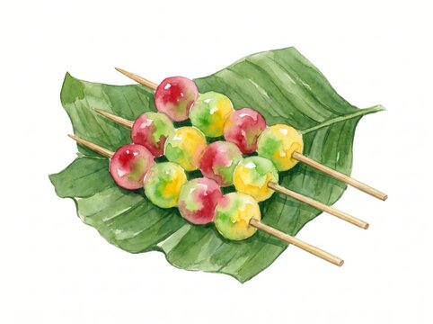 Vibrant Watercolor Illustration: Colorful Traditional Asian Sweet Skewers on Bamboo, Arranged on a Fresh Green Banana Leaf. Ideal for Cultural Food, Dessert Menus, Food Blogs, and Travel.