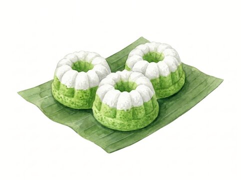 Vibrant Green and White Traditional Indonesian Kue Putu Ayu Steamed Cakes on Banana Leaf Watercolor Illustration, Authentic Asian Sweet Dessert for Culinary Design