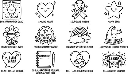 Fototapeta premium Mental health affirmation vector icon set, doodle line art stickers