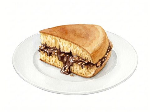 Delicious Watercolor Illustration of Martabak Manis, an Indonesian Sweet Pancake, filled with Melted Chocolate and Crunchy Peanuts on a White Plate, perfect for Food Menus and Blogs.