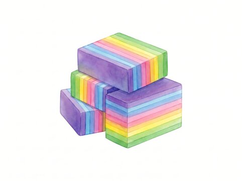 Vibrant Watercolor Stacked Rainbow Blocks: Hand-Painted Rectangular Candies or Artisanal Soaps with Colorful Layers, Isolated on White for Sweet Treats, Craft, and Creative Design Projects.