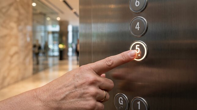 A person's finger pressing the illuminated number 5 button on a brushed metal elevator control panel inside a modern building.