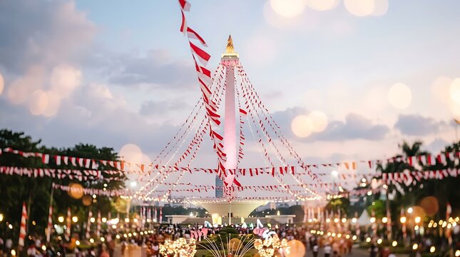 National Monument Monas in Jakarta Decorated with Red and White Flags for Independence Day Celebration