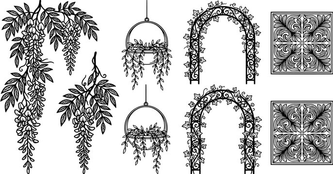 Garden element vector set, floral arch and hanging plant line art