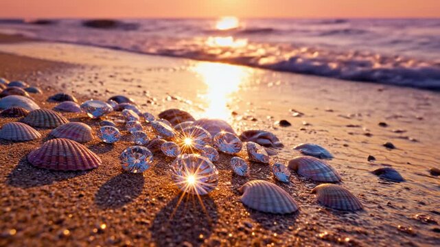 Close-up of brilliant diamonds and seashells scattered on sandy beach at sunset with ocean waves washing ashore; warm golden light reflecting on gems and water.
