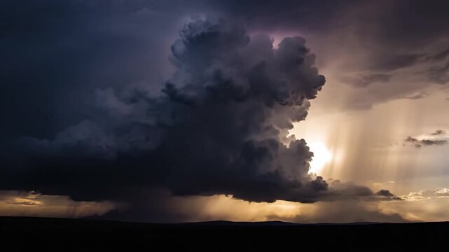 Dramatic storm clouds gather over a dark horizon at sunset
