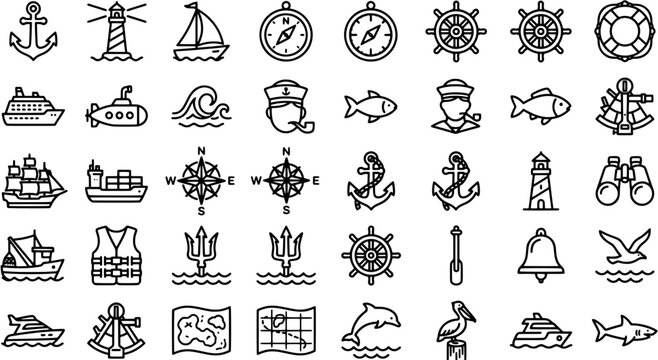 Nautical vector icon set, maritime and ocean symbols line art