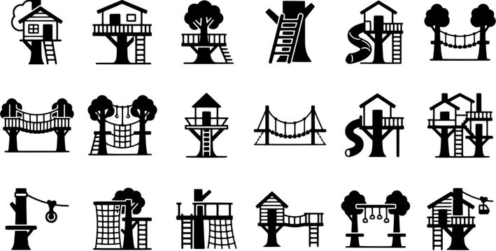 Treehouse vector icon set, playground silhouette design elements