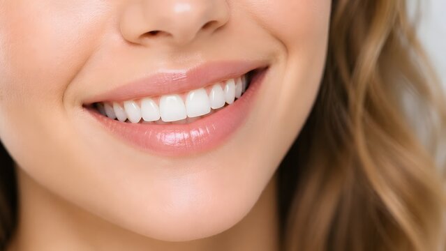 close up of a young woman smiling a close-up of a person's smiling face, showcasing their bright white teeth and subtle facial features woman happiness closeup