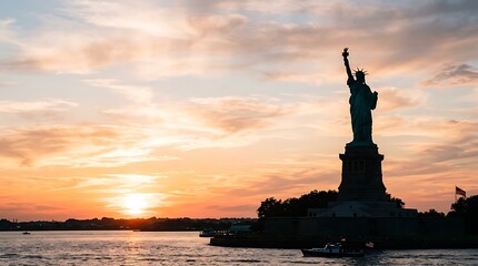 Fototapeta premium Iconic Statue of Liberty Silhouette Against a Breathtaking Sunset Sky in New York City Harbor