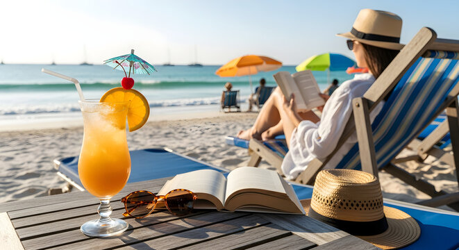 Tropical Beach Paradise Woman Relaxing Reading Book and Cocktail