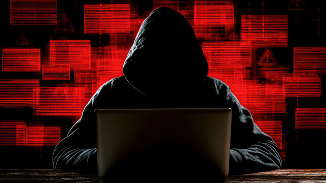 Hooded figure using a laptop surrounded by red warning symbols and error messages, symbolizing cybersecurity threats or hacking activities.