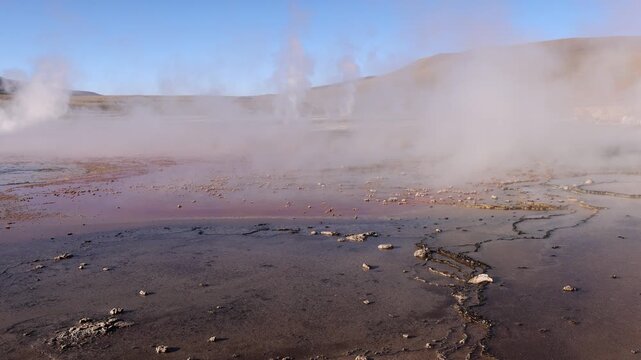 View of El Tatio geysers with steam rising from geothermal pools and mineral-rich ground in San Pedro de Atacama, Antofagasta, Chile.