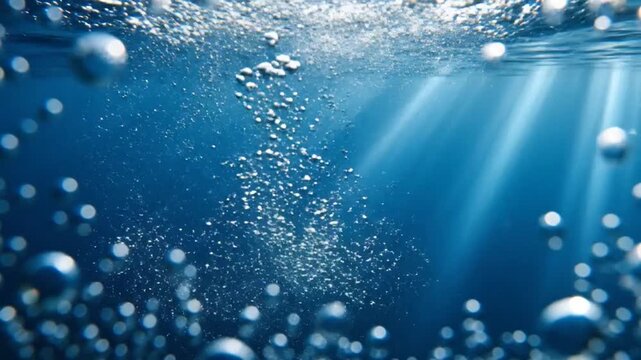Underwater view of numerous small air bubbles rising towards the surface with sunbeams penetrating the deep blue water Keywords: underwater, water, bubbles, air bubbles, rising, deep blue, ocean