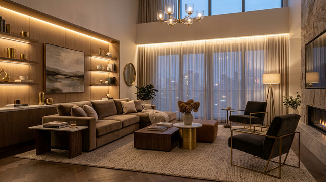 ホテルライクな間接照明が映える上質モダンリビング空間
Hotel-inspired living room interior with warm indirect lighting and premium materials