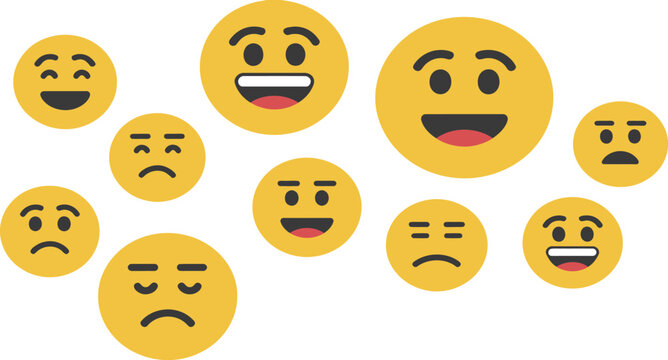 A Spectrum of Emotions: A collection of yellow emoji faces express a range of human feelings, from joy and excitement to sadness and frustration. A vibrant depiction of emotional diversity