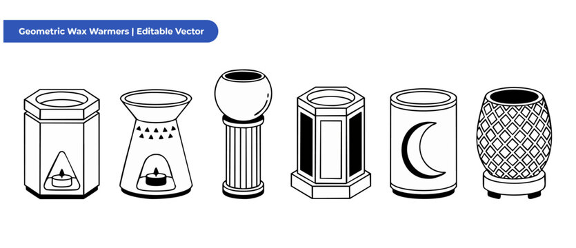 Wax warmer vector icon set featuring geometric line art designs of ceramic oil burners, aromatherapy diffusers, and candle holders for home fragrance spa branding identity and minimal aesthetic lifest