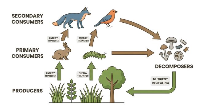 Ecosystem Food Web Diagram Showing Producers, Primary and Secondary Consumers, Decomposers, Energy Transfer and Nutrient Recycling Process Isolated on White Background