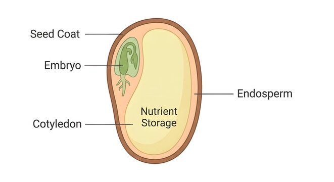 Plant Seed Anatomy Diagram Showing Seed Coat, Embryo, Cotyledon, Endosperm, and Nutrient Storage Structure Isolated on White Background
