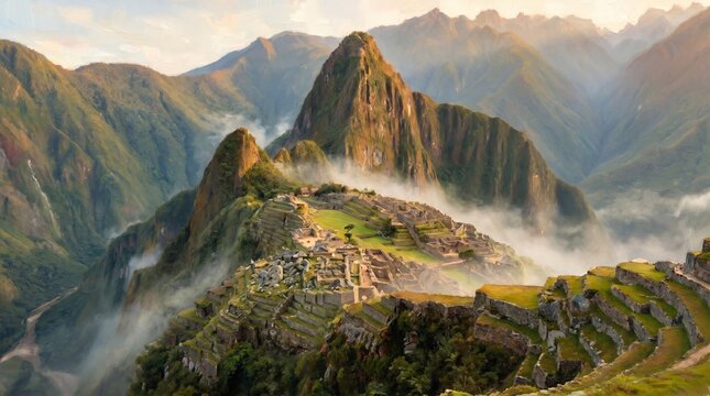 Impressionist Oil Painting of Machu Picchu Ruins with Foggy Mountain Peaks