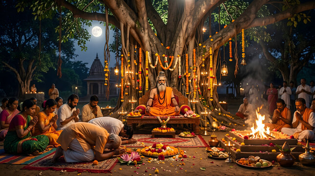 Moonlit cave sanctuary with guru teaching disciple and sacred fire spiritual illustration