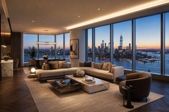 大開口の窓が開放感を演出するラグジュアリー都市型レジデンス空間
Luxury apartment living space with floor-to-ceiling windows and sophisticated furniture