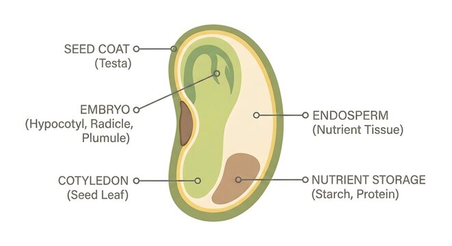 Plant Seed Anatomy Diagram Showing Seed Coat, Embryo with Hypocotyl Radicle and Plumule, Cotyledon, Endosperm, and Nutrient Storage of Starch and Protein