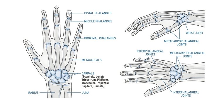 Human Hand Skeletal Structure and Joints Anatomy Diagram Showing Carpals, Metacarpals, Phalanges, Wrist Joint, Metacarpophalangeal, and Interphalangeal Joints