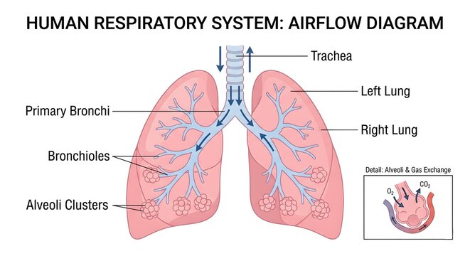 Human Respiratory System Airflow Diagram Showing Trachea, Bronchi, Bronchioles, Lungs, and Alveoli Clusters with Gas Exchange Detail