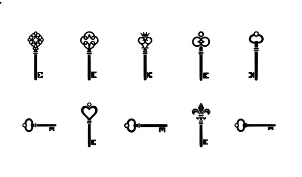 Vintage Key Icons Collection Vector Set with Antique Skeleton Keys