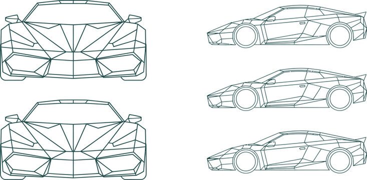 Sports car wireframe set. Low poly vehicle outline icons for automotive design projects.