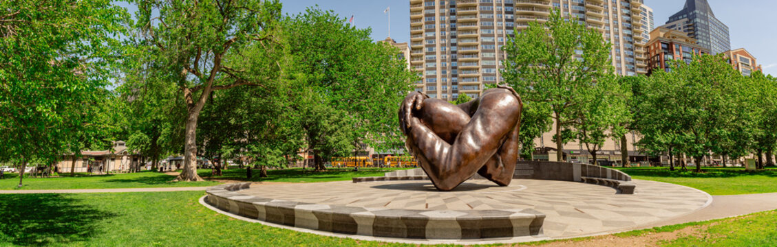 Boston, MA, US-May 26, 2026: Panorama of the iconic Embrace Sculpture in the Boston Common public park.