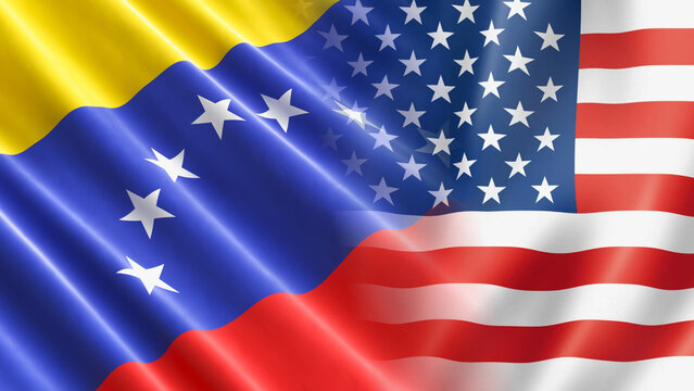 The national flags of Venezuela and the United States are blended together, illustrating the complex geopolitical tensions, diplomatic partnership, and bilateral relations.