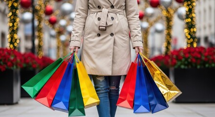 Woman in Beige Trench Coat Holding Many Colorful Shopping Bags on a Festive Decorated Street During Christmas Holiday Season