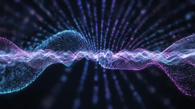 Abstract flowing wave of glowing particles in vibrant purple and blue hues against a dark background creating a sense of digital data or sound visualization