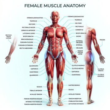 Detailed female muscle anatomy chart showcasing human body muscular system with clear labels for educational purposes in a medical setting