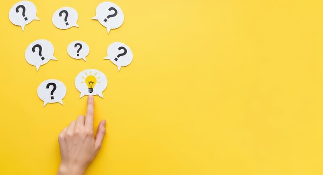 Hand Pointing to Lightbulb Idea Icon Among Question Marks on Yellow Background for Problem Solving Concept