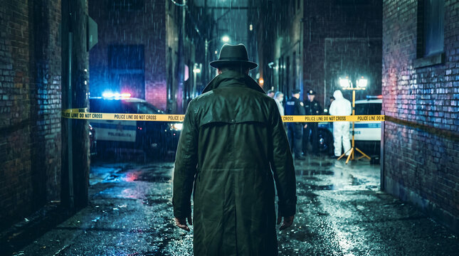 Two police officers investigating a cordoned-off crime scene at night Detective Mystery Document, Dark Cinematic Collecting Evidence for Concepts
