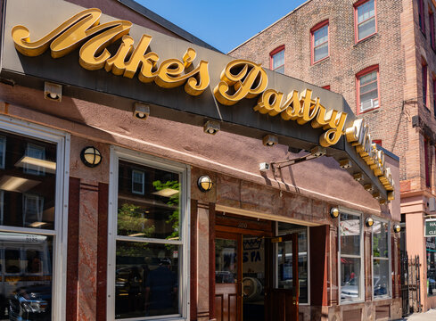 Boston, MA, US-May 26, 2026: Entrance to the iconic and popular Mike's Pastry shop in the North End, a historically Italian neighborhood.