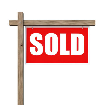 Red sold sign on a wooden post for real estate property
