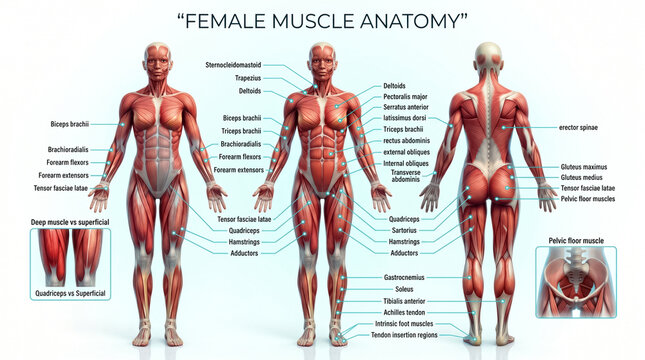 Detailed female muscular system diagram showing various anatomical parts and muscle groups for educational study and medical reference guide purposes