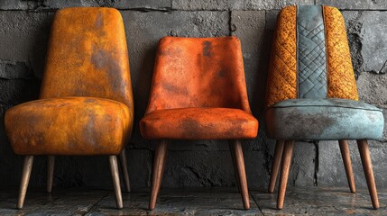 Naklejka premium Worn, vintage chairs, wood legs against a dark stone wall