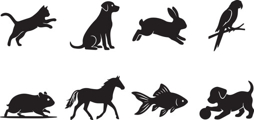 Obraz premium Domestic pets and animals silhouette collection featuring cat, dog, rabbit, parrot, hamster, horse, and fish.