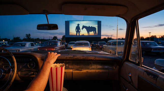 Drive in movie night from classic car interior with popcorn and outdoor cinema screen