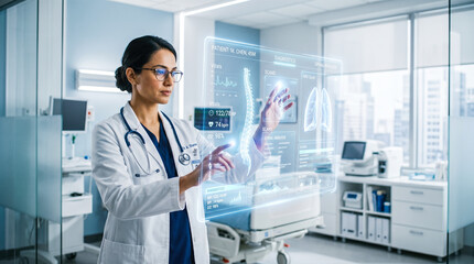 Naklejka premium professional female doctor wearing lab coat analyzing patient lungs using futuristic digital glowing medical holographic display modern hospital clinic smart advanced healthcare