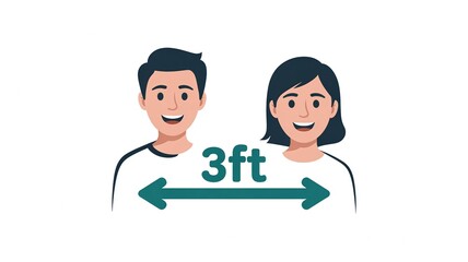 Fototapeta premium Happy young man and woman maintaining three feet social distance spacing illustration on white background