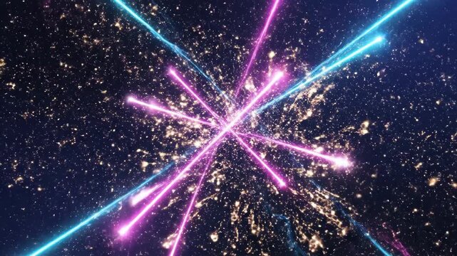 Abstract cosmic event with crossing neon laser beams and fireworks explosion in space.