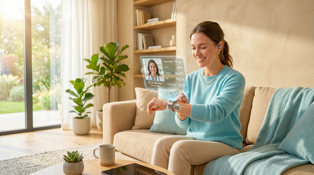 Smiling young woman using futuristic smartwatch projecting holographic video call interface connecting with female doctor highlighting modern telemedicine healthcare communication technology