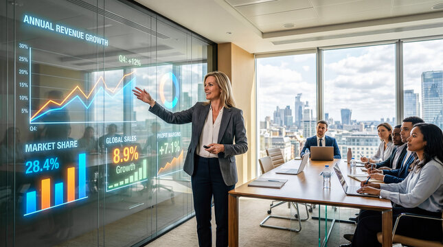professional successful businesswoman presenting glowing financial market growth charts futuristic transparent digital display corporate meeting modern bright office boardroom strategy