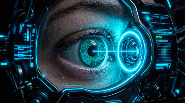 Extreme macro close up human eye undergoing futuristic biometric iris security scan featuring glowing blue laser digital interface verifying personal identity data